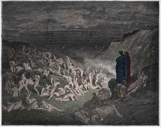Inferno, Canto 14 : De geweldigen, gekweld in de regen van vuur, illustratie uit 