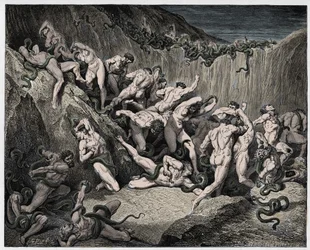 Inferno, Canto 24: De dieven gekweld door slangen, illustratie uit "De Goddelijke Komedie" door Dante Alighieri, 1885