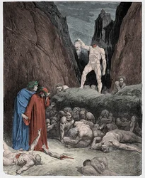 Inferno, Canto 28 : Het afgehakte hoofd van Bertran de Born spreekt tot Dante, illustratie uit 