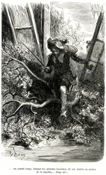 Jacquemin Lampourde, het pistool in zijn hand, kwam op een punt in de strijd. Gravure door Gustave Doré ter illustratie van de picareske roman van Théophile Gautier 