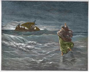 Jezus loopt op het water van het Meer van Tiberias - gravure in De geïllustreerde Bijbel door Gustave Dore - Gravure uit De Dore Bijbel