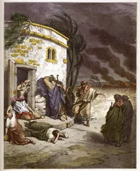 Job hoort van zijn ondergang - gravure in De geïllustreerde Bijbel door Gustave Dore - Gravure uit De Dore Bijbel
