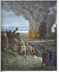 Jozua verbrandt de stad Ai - De verovering van de stad Ai door Jozua - gravure in 