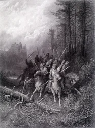 Koning Arthur in het Broceliande-woud (Cyclus van de Ridders van de Ronde Tafel) - in "Viviane" door Alfred Tennyson, illustratie door G. Doré