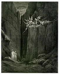 De hel (La divina commedia) door Dante Alighieri geïllustreerd door Gustave Doré. Franse vertaling door Pier-Angelo Fiorentino. Dante en Virgilius tegenover de demonen