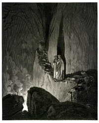 De hel (De goddelijke komedie) van Dante Alighieri, geïllustreerd door Gustave Doré. Hachette-uitgave 1861. Franse vertaling door Pier-Angelo Fiorentino. En de Gids, die mij zo aandachtig zag, zei: „In de vuren bevinden zich de geesten; ieder omhult zich