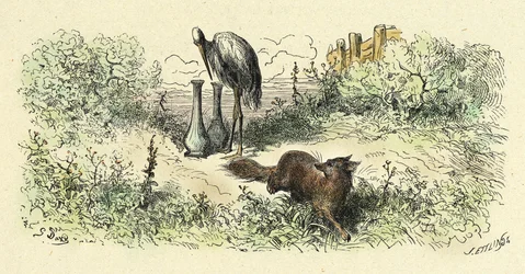 De vos en de ooievaar (gravure uit 1861-1868)