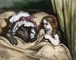 Roodkapje en Wolf niet zoals Grootmoeder. Illustratie door Gustave Doré