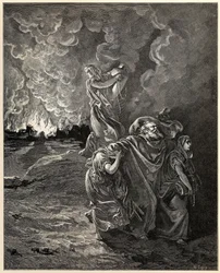 Lot en zijn dochters vluchten uit Sodom