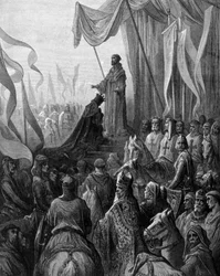 Lodewijk VII (1120 - 1180) knielt voor St. Bernardus van Clairvaux (San Bernardo di Chiaravalle) in Vézelay. Gravure door Gustave Doré. 19e eeuw