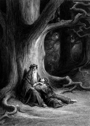 Merlijn en Viviane in het bos van Brocéliande (Cyclus van de ridders van de Ronde Tafel) - in „Viviane“ van Alfred Tennyson, illustratie van G. Doré