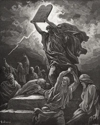 Mozes breekt de stenen tafelen, Exodus 32:19, illustratie uit Dorés 