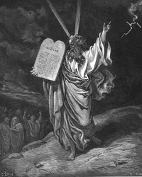 Mozes daalt af van de berg Sinaï met de tafelen van de wet (Tien Geboden). Exodus 5.35. Illustratie van Gustave Doré (1832-1883) voor De Bijbel (Londen 1866). Houtsnede.