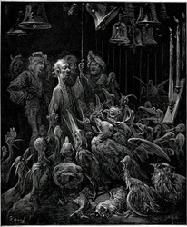 Op Sonnante Eiland laat Panurge vogels zingen door de klokken te luiden - illustratie door Gustave Dore voor de volledige werken van Francois Rabelais - Vijfde Boek - Pantagruel