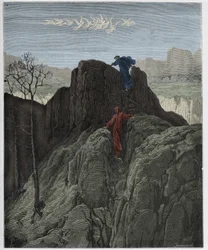 Purgatorio, Canto 4: Virgil leidt Dante de ruige berghelling op, illustratie uit "De Goddelijke Komedie" door Dante Alighieri, 1885