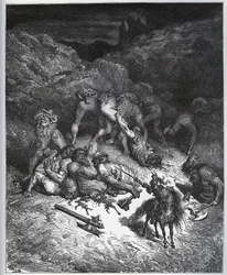 Verhaal van de heldendaden van Felix-Mars van Hyrcania - uit "Don Quichot de la Mancha" door Miguel Cervantes (1547-1616) - Houtsnede naar tekening van Gustave Dore