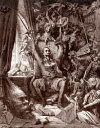Voorstelling van Don Quichot in zijn bibliotheek, omringd door de wezens uit zijn boeken. Gravure van Gustave Doré (1832-1883) voor «De vernuftige edelman Don Quichot van La Mancha (Quixote - Quijote)» van Miguel de Cervantes (1547-1616), 1863