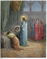 Opstanding van de dochter van Jaïrus - Opwekking van de dochter van Jaïrus (Jezus wekt de dochter van Jaïrus op) - gravure in „De geïllustreerde Bijbel“ van Gustave Doré (1832-1883) - gravure uit „De Doré-bijbel“