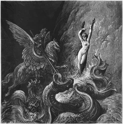 Ruggiero redt Angelica, illustratie bij canto X van “Orlando Furioso” van Ludovico Ariosto (1474-1533), gepubliceerd in 1888, Parijs