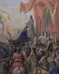 Saint Bernard de Clairvaux predikt de tweede kruistocht in aanwezigheid van koning Lodewijk VII en koningin Alienor van Aquitanië en abt Suger