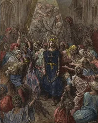 De heilige Lodewijk wordt in 1250 tijdens de 7e Kruistocht in Mansoura gevangengenomen - koning Lodewijk IX (1214-70) gevangene in Egypte - gravure van Gustave Doré - uit Geschiedenis van de Kruistochten van Joseph-François Michaud