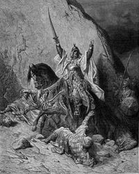 Saladin (1138-1193) (Salah al Din Yusuf al-Ayyubi (al Ayyubi)) aan het hoofd van zijn troepen tegen de kruisvaarders - gravure van Gustave Doré
