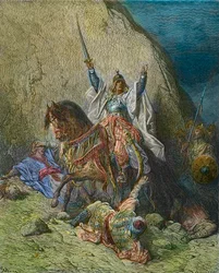 Saladin de Prachtige - koning Saladin (1138-1193) (Salah al Din Yusuf al-Ayyubi (al Ayyubi), bevelhebber van de islamitische strijdkrachten tegen de kruistochten - kleurenprent uit de 19e eeuw door Gustave Doré - uit Geschiedenis van de kruistochten door