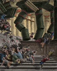 Simson die de tempel van Dagon neerhaalt, gravure van Gustave Doré (1832-1883)