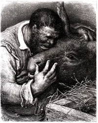 Sancho Panza huilt terwijl hij zijn ezel kust