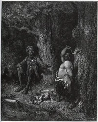 Sancho Panza vliegt voor Don Quichot uit om Merlijns wens te vervullen en zo Dulcinee van Toboso te onttoveren. Don Quichot spoort hem aan zijn vurigheid te matigen - uit 
