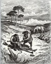 Sancho en de neef trekken Don Quijote (slapend) uit de grot van Montesinos - uit 