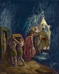 Sarah sterft op 127-jarige leeftijd - De begrafenis van Sarah, Abrahams vrouw - gravure van Gustave Doré - later ingekleurd