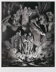 Sadrach, Mesach en Abednego in de vurige oven, Illustratie uit de Dore Bijbel