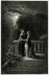 Sigognac en Isabelle: geliefden eindelijk verenigd in het maanlicht. Uiteindelijk triomfeert de liefde! Gravure door Gustave Dore die de picareske roman van cape en degen door Theophile Gautier 