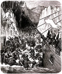 Sindbad de zeeman (Sinbad) - verhaal van de duizend en één (1001) nachten - illustratie door Gustave Doré - Derde reis: een storm werpt het schip van Sindbad en zijn metgezellen op een eiland waar ze worden aangevallen door een menigte kleine en afschuweli