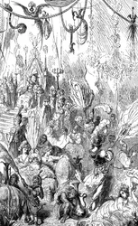 Sindbad de zeeman - verhaal van de duizend-en-een-nacht - illustratie door Gustave Doré - Maxwell editie 1865 - Zesde reis - deze gravure kan het hof van de koning van Serendib of dat van de kalief Haroun al-Rashid voorstellen