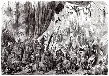 Sindbad de zeeman - verhaal van de duizend-en-een-nacht - illustratie door Gustave Doré - Maxwell editie 1865 - Zesde reis: het hof van de koning van Serendib