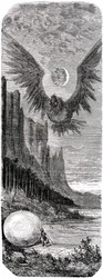 Sindbad de zeeman - verhaal van de duizend-en-een-nachten - illustratie door Gustave Doré - editie Maxwell 1865 - Tweede reis: Sindbad ontdekt een enorm ei van de gigantische vogel Roc en wordt aangevallen door deze gigantische vogel.