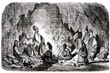 Sindbad de zeeman - verhaal van de duizend-en-een-nachten - illustratie door Gustave Doré - Maxwell editie 1865 - Eerste reis: Sindbad, verlaten in het midden van de zee door zijn metgezellen, bereikt een eiland en ontmoet in een grot de palefrenie.