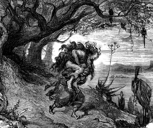 Sindbad de zeeman - verhaal van de duizend-en-een-nacht - illustratie door Gustave Doré (detail) - editie Maxwell 1865 - Vijfde reis: Sindbad wordt gedwongen een oude man op zijn schouder te dragen die zich aan hem vastklampt en van wie hij niet meer los k