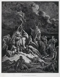 Dus maakte Mozes een bronzen slang en zette die op een paal. Numeri 21:7, Illustratie uit de Dore Bijbel