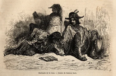 Studenten van tonijn (of tunantes) in de wijk van de Universiteit van Alcala de Henares, de eigenaardigheid van deze studenten die een luie, vrije en zwervende levensstijl hebben aangenomen is niet te studeren, schets op het leven door Gustave Dore. Gravur