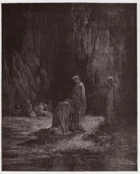 De Goddelijke Komedie, Purgatorio, Canto 7: De dichter Sordello, verbaasd, knielt voor Virgil - door Dante Alighieri (1265-1321) - Illustratie door Gustave Doré (1832-1883)