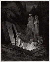 De Goddelijke Komedie, Inferno, Zang 10: Farinata degli Uberti richt zich tot Dante - door Dante Alighieri (1265-1321) - Illustratie door Gustave Doré (1832-1883)