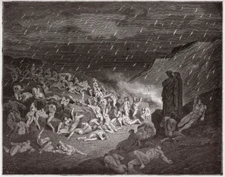 De Goddelijke Komedie, Hel, Zang 14: De gewelddadigen, gekweld in de vuurre gen - door Dante Alighieri (1265-1321) - Illustratie van Gustave Doré (1832-1883)