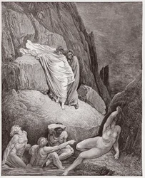 De Goddelijke Komedie (La Divina Commedia, La Divine Comedie), Inferno, Canto 18: Virgil toont Dante de schaduw van Thai - door Dante Alighieri (1265-1321) - Illustratie door Gustave Doré (1832-1883)