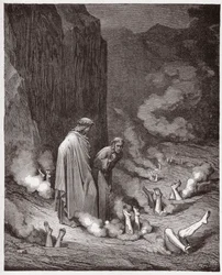 De Goddelijke Komedie, Inferno, Canto 19: Dante berispt paus Nicolaas III in de vierde bolgia - door Dante Alighieri (1265-1321) - Illustratie door Gustave Dore (1832-1883)