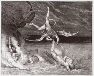 De Goddelijke Komedie, Inferno, Canto 22: Ciampolo ontsnapt aan de demon Alichino in de vijfde bolgia - door Dante Alighieri (1265-1321) - Illustratie door Gustave Dore (1832-1883)