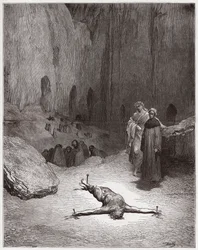 Inferno, Canto 23: Een gekruisigde Farizeeër onder de hypocrieten (Illustratie door Gustave Doré)