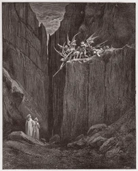 Inferno, Canto 23: De dichters ontsnappen aan de demonen van de vijfde bolgia (Illustratie door Gustave Doré)
